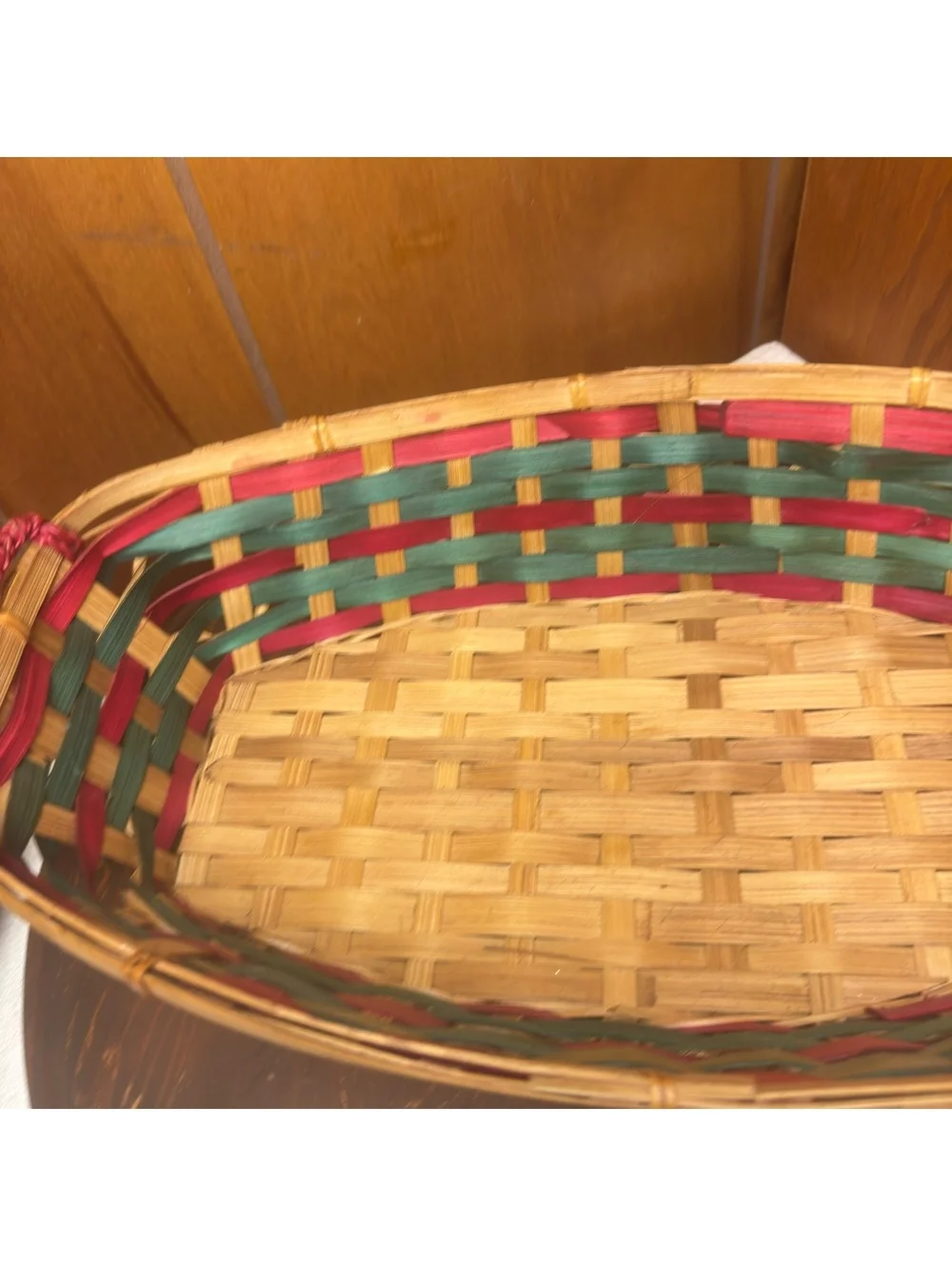 Vintage Christmas Woven Basket Red Green Natural Bamboo Holiday Serving Basket
